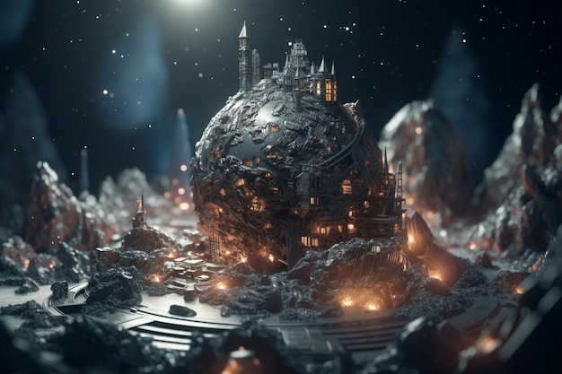 Uma arte digital de um castelo na lua