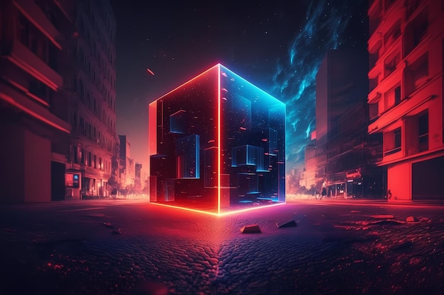 Uma arte digital de um cubo com luzes vermelhas e azuis