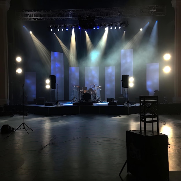 Uma arte digital de um palco de concerto de música vazio com iluminação e fumaça em fotografia cinematográfica