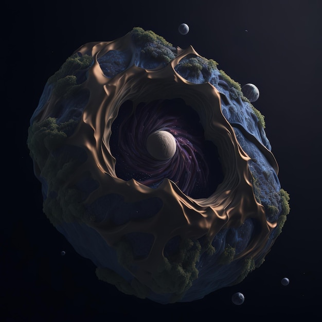 Uma arte digital de um planeta com um fundo roxo e um planeta prateado no meio.