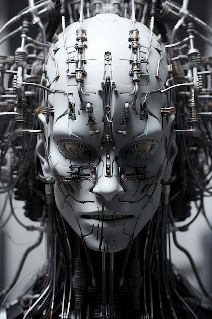 Uma arte digital de um rosto humano com muitos fios.