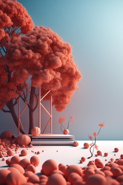 Uma arte digital de uma árvore com nuvens laranja e um fundo azul.