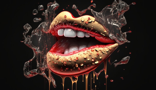 Uma arte digital de uma boca com tinta dourada e um pouco de líquido.
