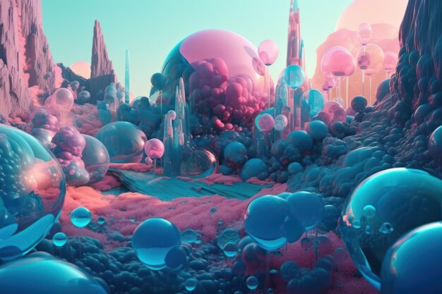 Uma arte digital de uma cidade com fundo rosa e azul