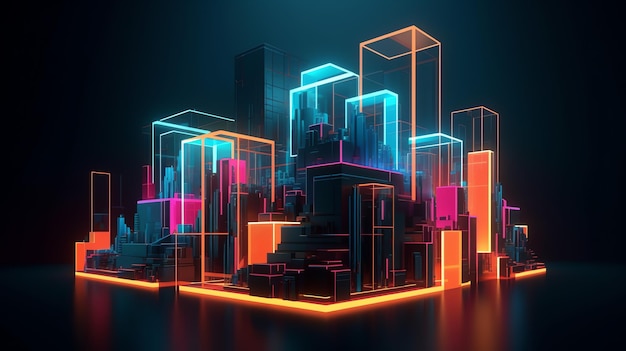 Uma arte digital de uma cidade com luzes neon