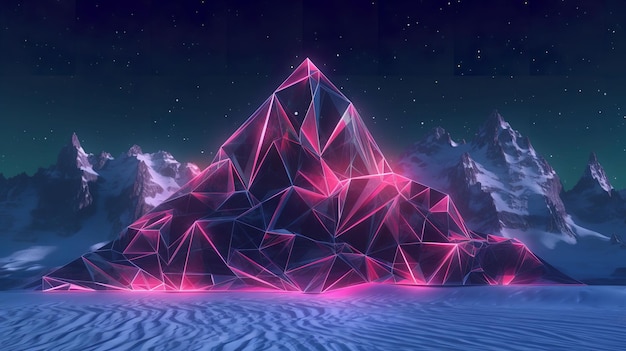 Uma arte digital de uma montanha com luzes neon