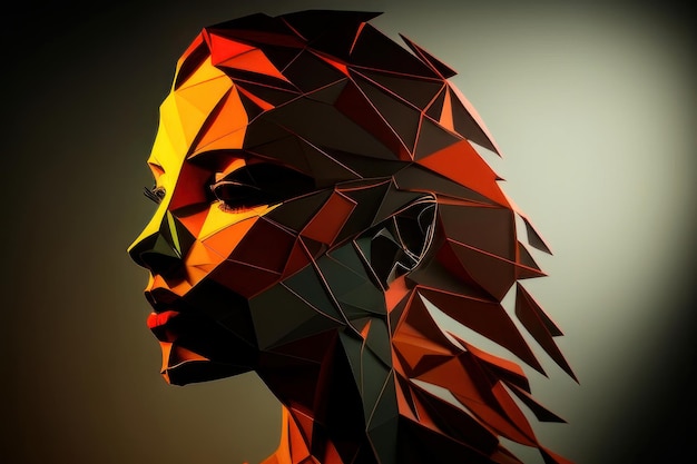 Uma arte digital de uma mulher com o rosto de um rosto feito de triângulos.