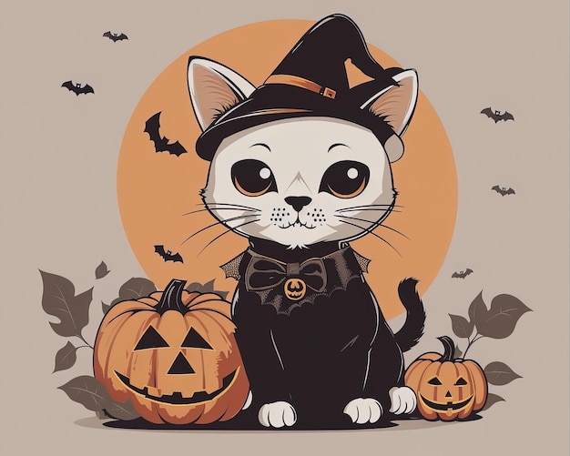 Uma arte vetorial assustadora de gato com traje de Halloween de abóbora