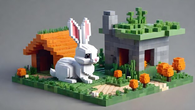 Uma arte voxel de coelho em animais selvagens feita de cubos 3D ilustração voxel estilo Minecraft