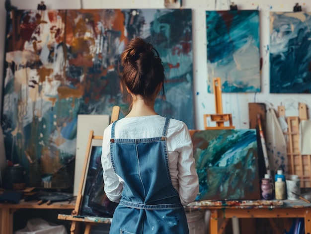 Foto uma artista contempla suas vibrantes pinturas abstratas em um estúdio