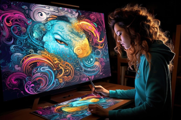 Uma artista habilidosa focada em sua tela apaixonadamente pintando uma bela imagem Arte digital sendo criada em um grande tablet gráfico AI Gerado