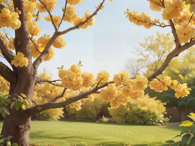 uma árvore amarela com flores no meio de um parque