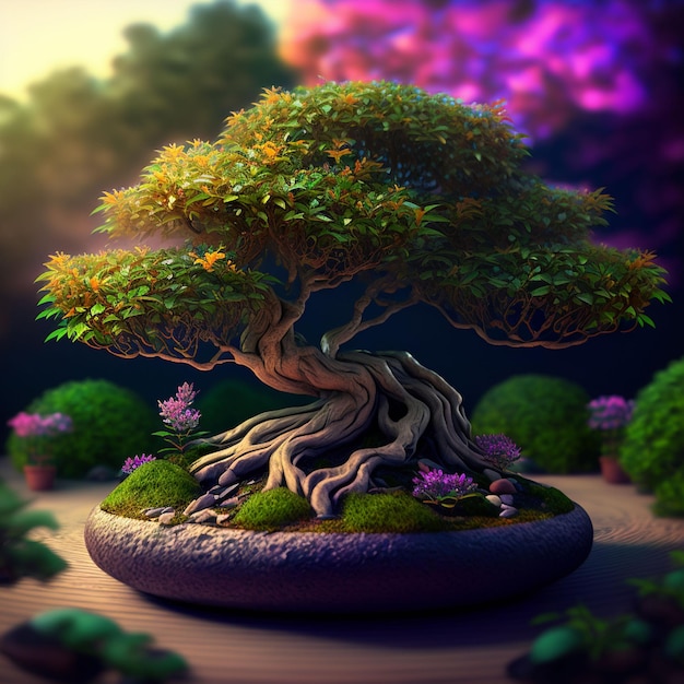 Uma árvore bonsai em um jardim com um fundo roxo.