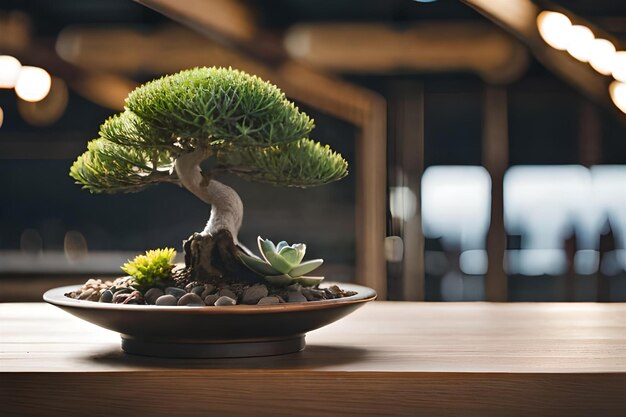 uma árvore bonsai em uma mesa de madeira com um vaso de suculentas