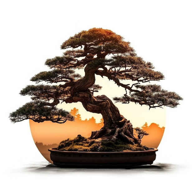 Uma árvore bonsai em uma panela com um pôr do sol ao fundo