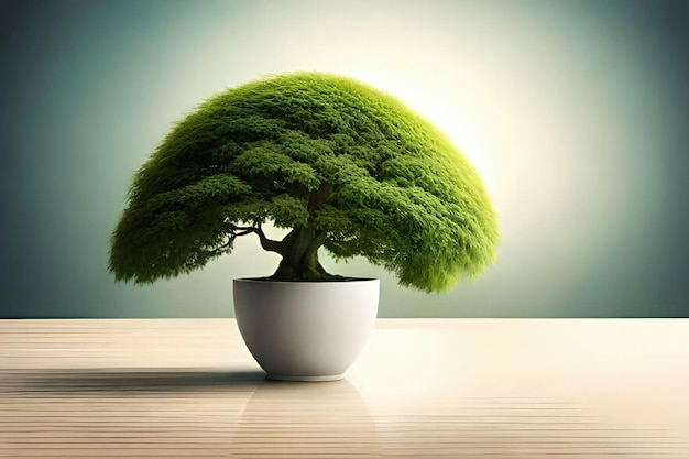 Uma árvore bonsai em uma panela sobre uma mesa de madeira