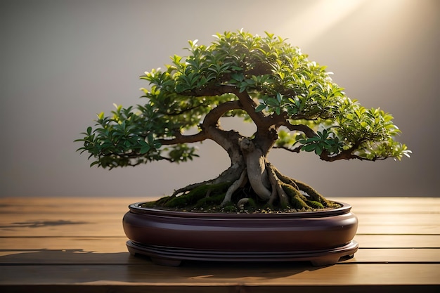 Uma árvore bonsai sentada em cima de uma mesa de madeira