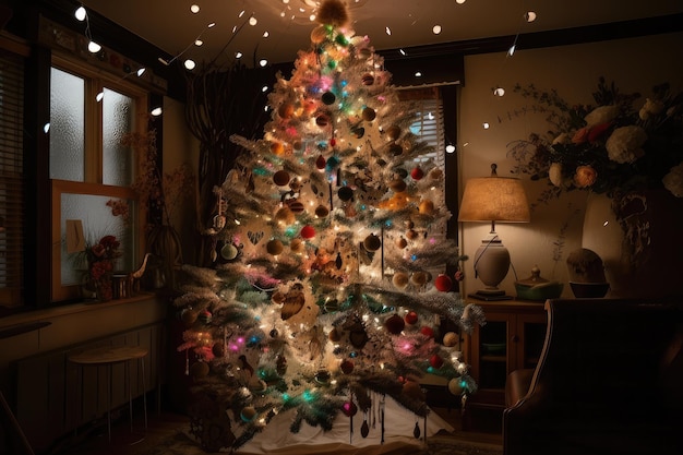 Uma árvore caprichosa com tema natalino com luzes ornamentais e outras decorações