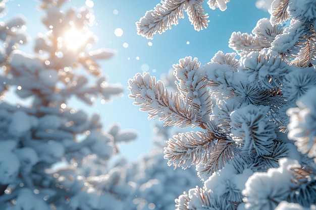 uma árvore coberta de neve com o sol brilhando atrás dela paisagem de rima de inverno em pinheiros temporada de neve pesada c