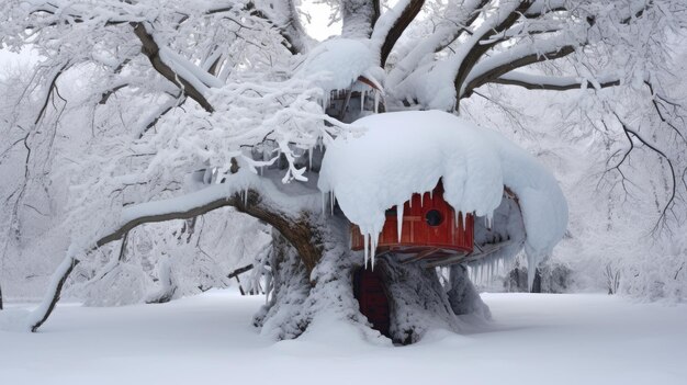 Uma árvore coberta de neve com uma casa de passarinho