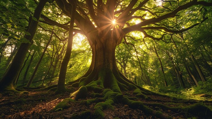 Foto uma árvore com as raízes cortadas e o sol brilhando através das árvores