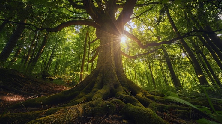 Foto uma árvore com as raízes cortadas e o sol brilhando através das árvores