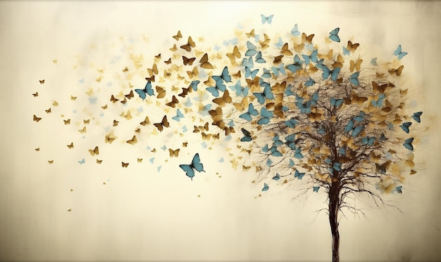 Uma árvore com borboletas e a palavra "borboletas" embaixo.