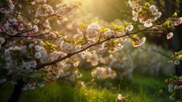 Uma árvore com flores à luz do sol