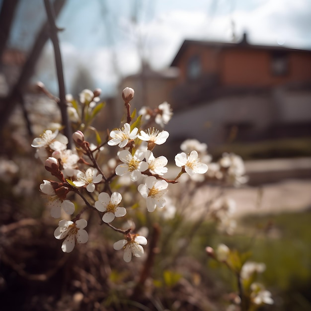 Uma árvore com flores brancas está na frente de uma casa.