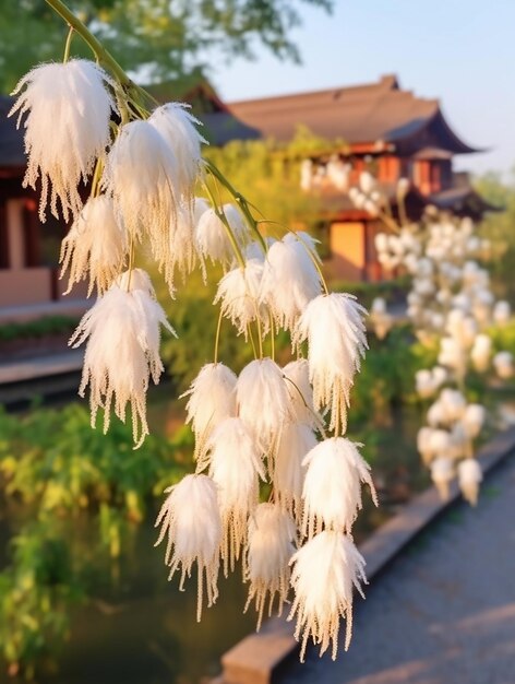 Foto uma árvore com flores brancas na frente de uma casa japonesa