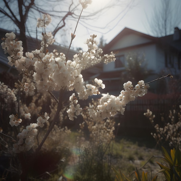 Uma árvore com flores brancas na frente de uma casa