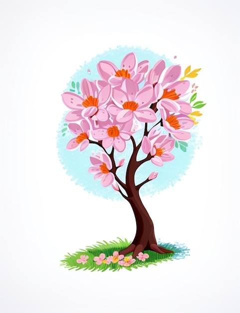 Uma árvore com flores cor-de-rosa e um círculo azul ao seu redor.