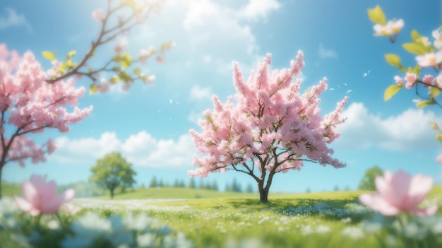 Foto uma árvore com flores cor-de-rosa em um campo com as palavras rosa