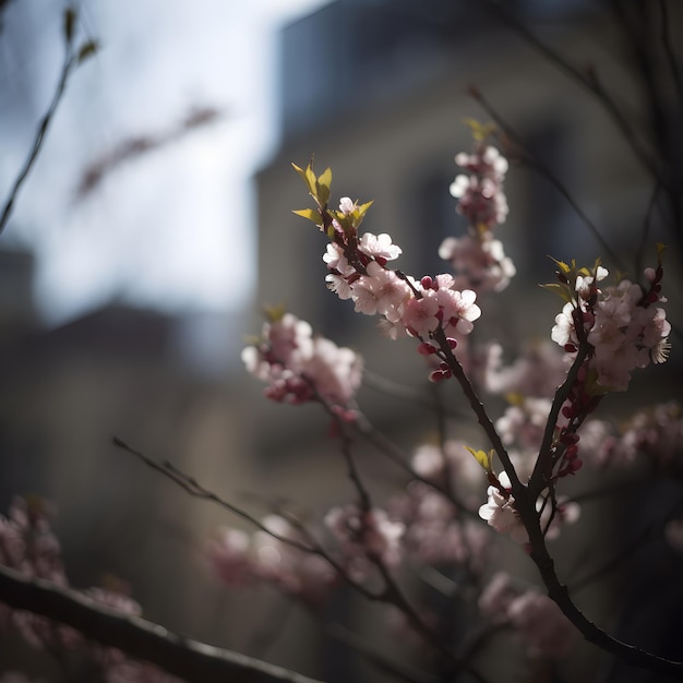 Uma árvore com flores cor de rosa está em flor.