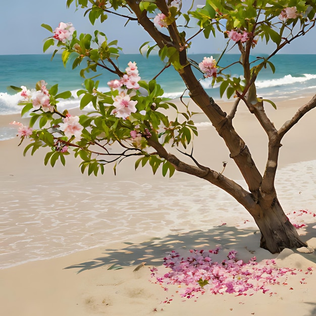 uma árvore com flores cor-de-rosa está na areia