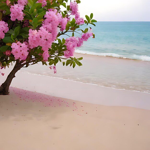 uma árvore com flores cor-de-rosa na areia