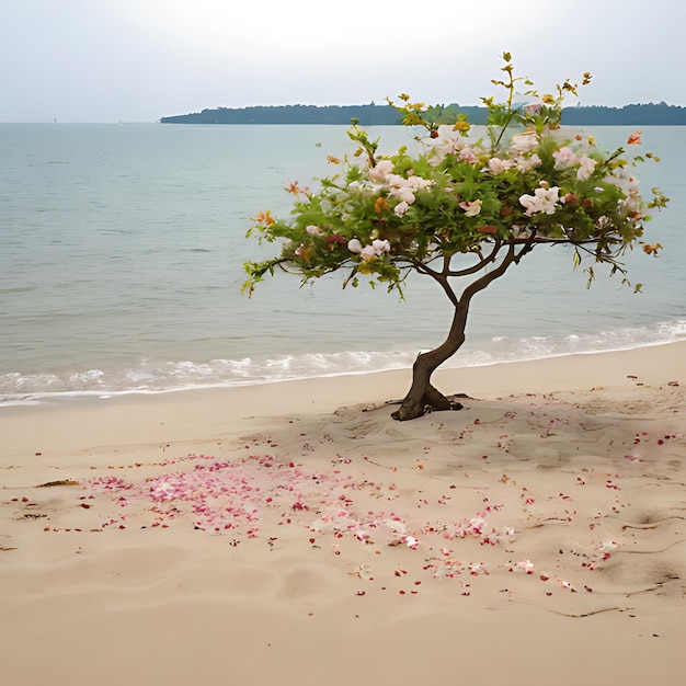 Foto uma árvore com flores cor-de-rosa na praia e o oceano ao fundo