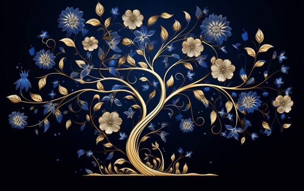 Foto uma árvore com folhas e flores azuis e douradas