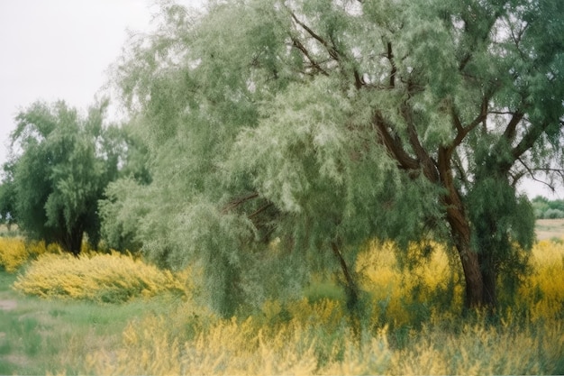 Uma árvore com folhas verdes e flores amarelas ao fundo.