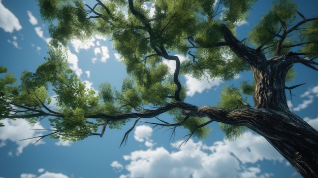 Uma árvore com folhas verdes e um céu azul com nuvens