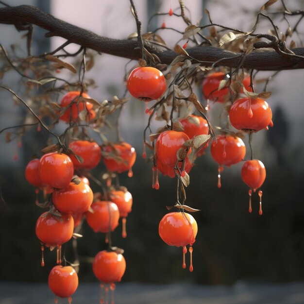 Uma árvore com frutas alaranjadas com as borlas vermelhas penduradas nela.