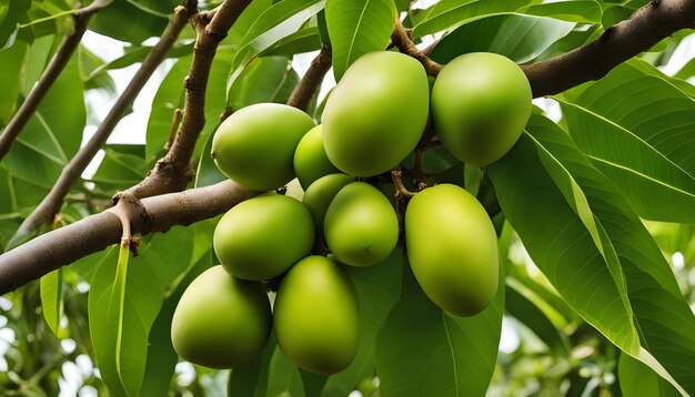 uma árvore com frutas verdes que tem folhas verdes