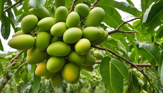 Foto uma árvore com frutas verdes que tem um monte de bananas nela