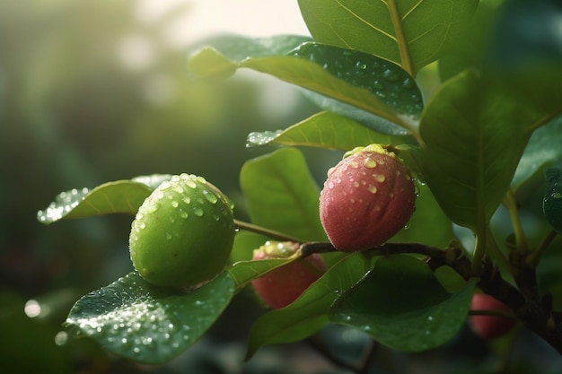 Uma árvore com frutas vermelhas com chuva cai sobre ela