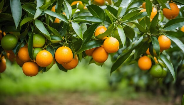Foto uma árvore com laranjas e folhas verdes com as palavras tangerina