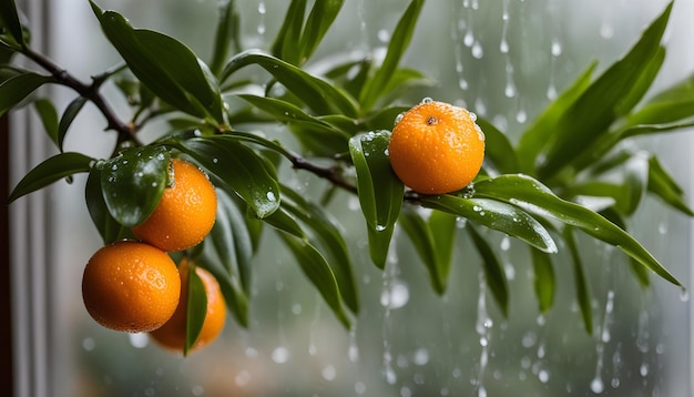 uma árvore com laranjas e gotas de água nela