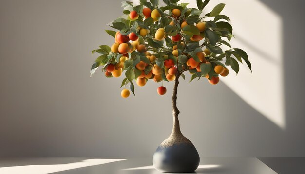 uma árvore com laranjas em um vaso azul com laranja nele