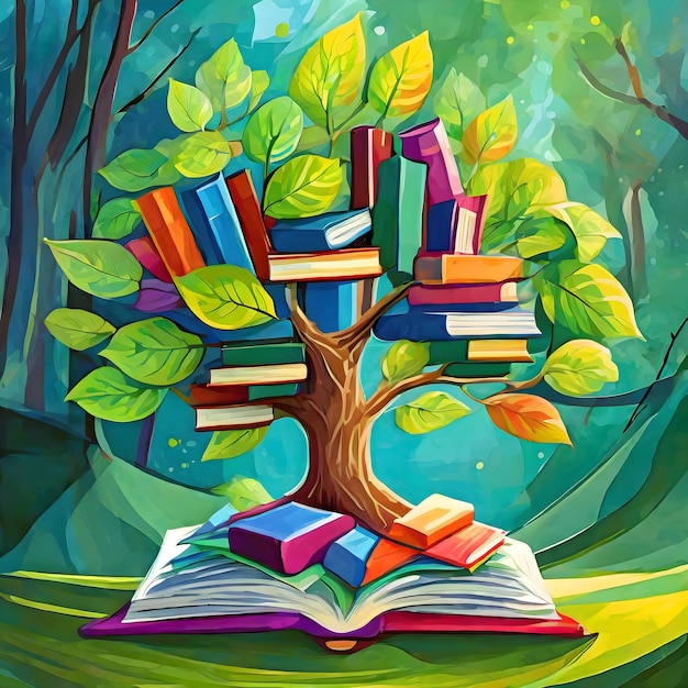 Foto uma árvore com livros coloridos em cima dela