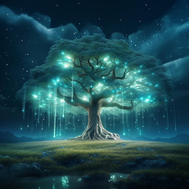 uma árvore com luzes verdes no céu noturno generativo ai