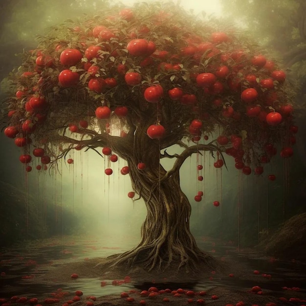 Uma árvore com maçãs vermelhas penduradas nos galhos